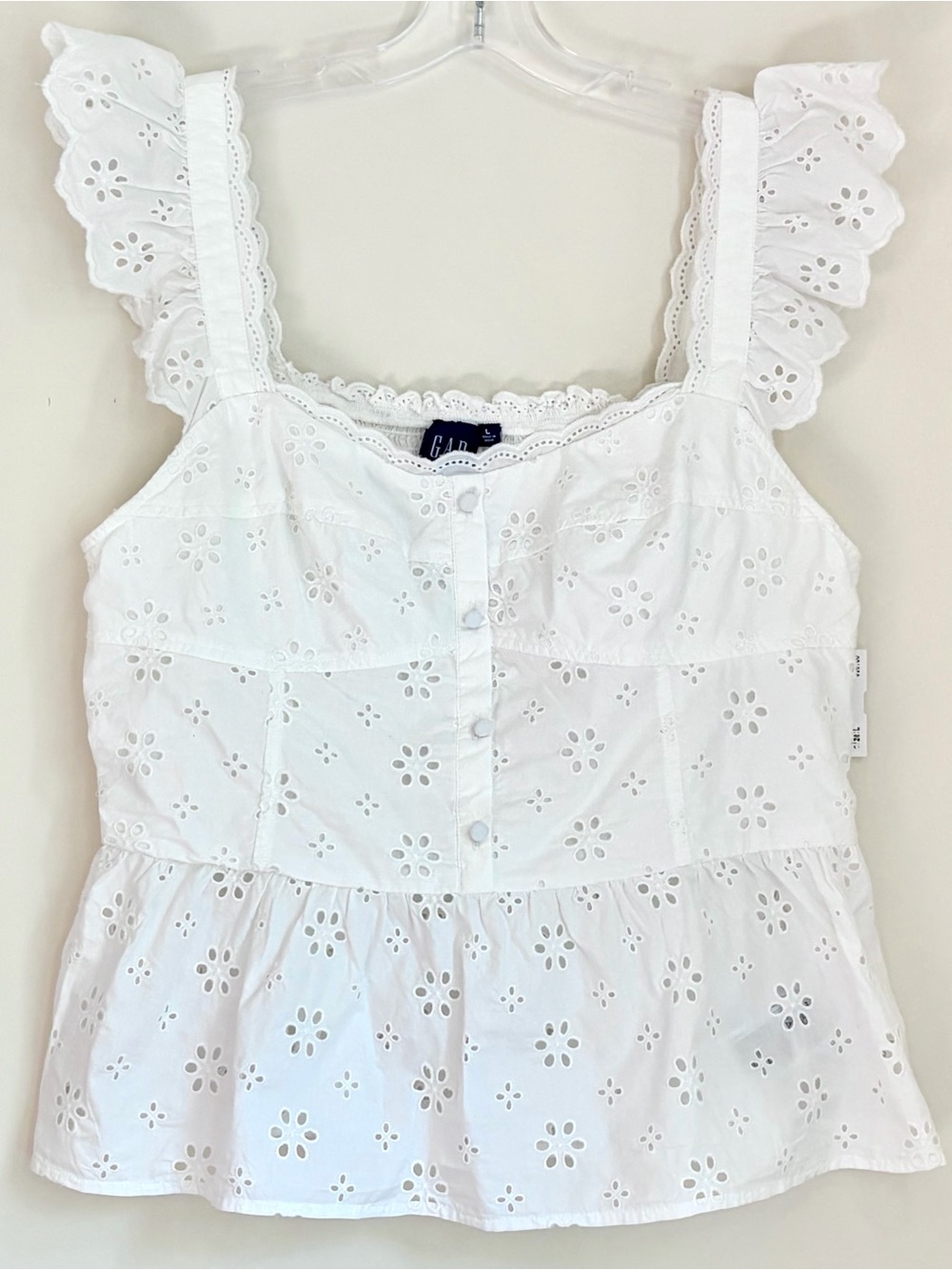 GAP White Eyelet Corset Peplum Top Lace Trim L